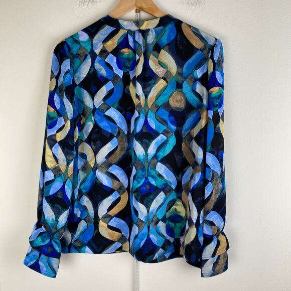 NWT NIC+ZOE Wave Links Top Size M Blue Black Print Blouse Classic Party Dressy - Picture 9 of 13